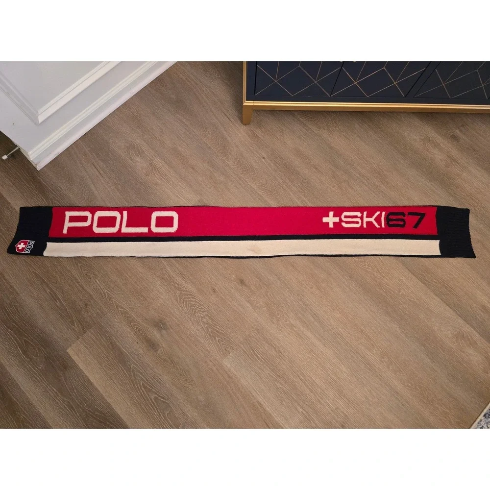Polo Ralph Lauren Ski 67 Knit Scarf Red White Navy Blue Colorblock‎ Swiss Cross